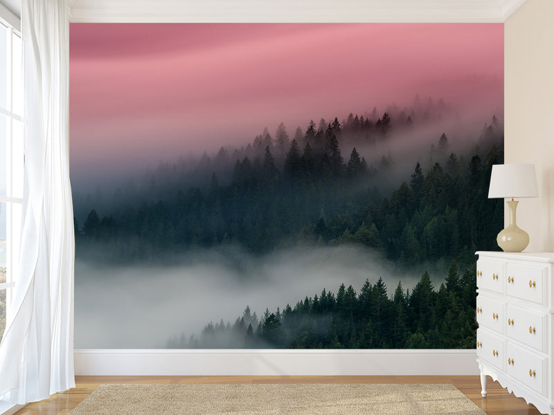 Peel & Stick Wall Mural – "Emerald Sky Over the Foggy Forest",  Vinyl Wallpaper For  Living Room, Bedroom, Or Stylish Home Interior Decor