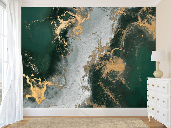 Art Print Accent Wall Self-Adhesive Wallpaper "Gray-Green Abstract Marble" – Decor for Bedroom, Living Room, Office