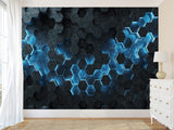 Non-Woven Wallpaper for Office & Home Workspace – Modern Wall Decor – Black-Blue Hexagons