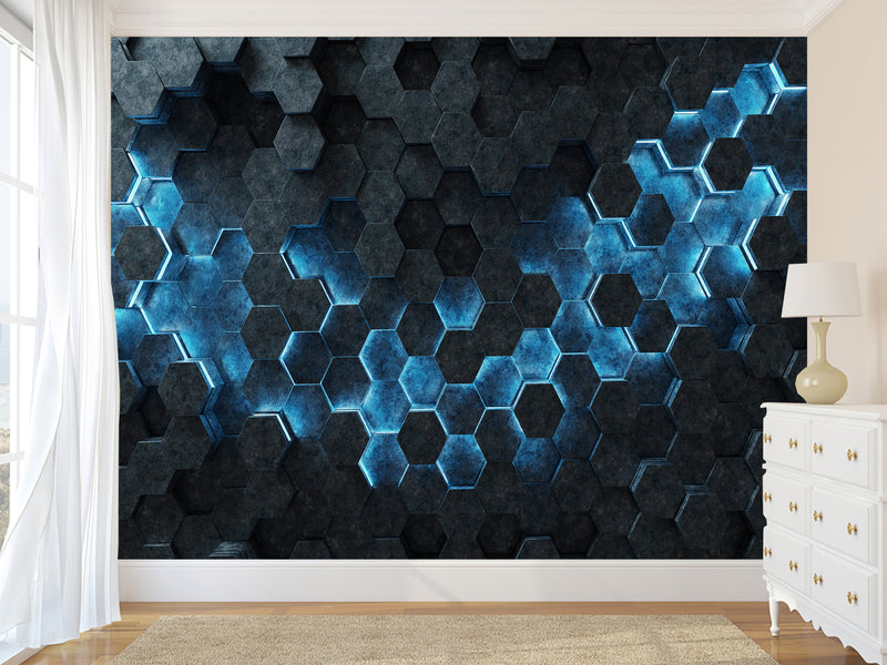 Non-Woven Wallpaper for Office & Home Workspace – Modern Wall Decor – Black-Blue Hexagons