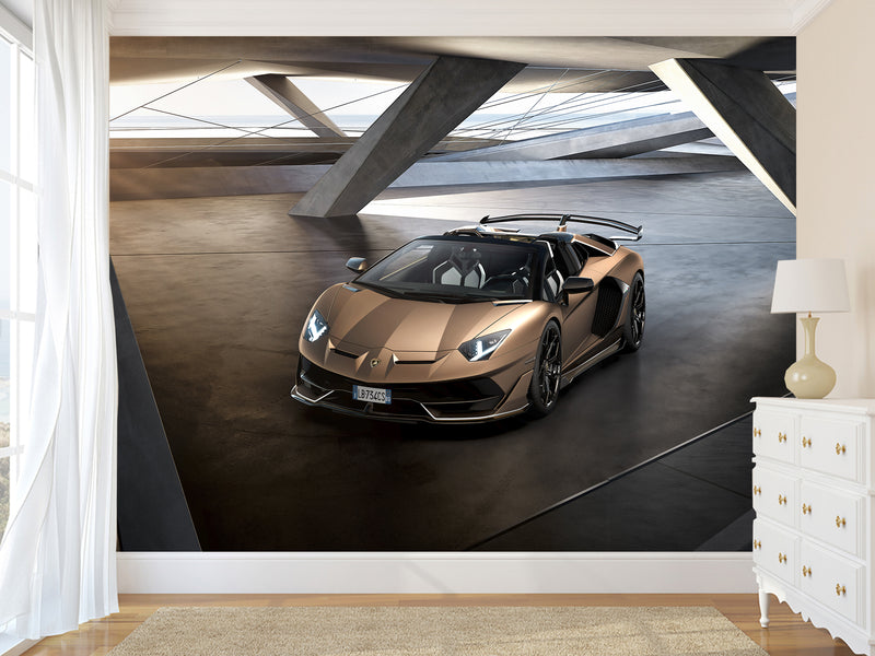 Premium Non-Woven Wallpaper for Teen Room - Lamborghini Aventador Gold 3D Wall Mural