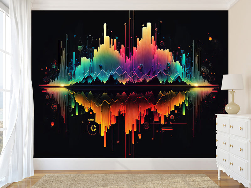 Non-Woven Wallpaper Art Design For Living Room, Bedroom, And Office Inspirational Print "Bright Sound Waves With Neon Gradient" 🎶