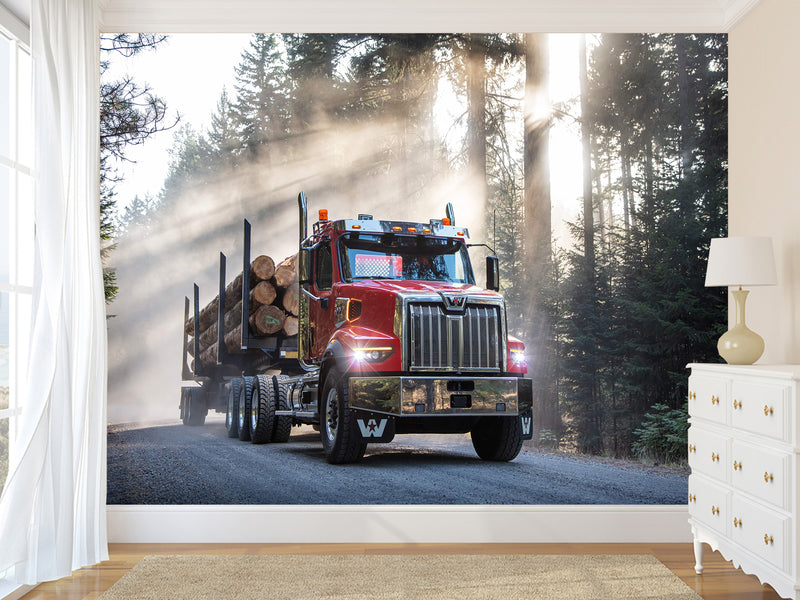Self-Adhesive Vinyl Wall Mural – Massive Red Truck on the Road for Living Room, Gym, or Game Room Decor
