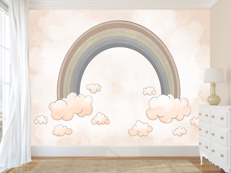 Non-Woven Wallpaper Kids Room Design – Rainbow Among Pink Clouds, Wall Decor For Boys And Girls