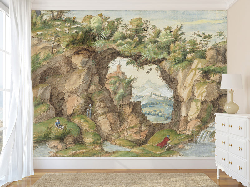Non-Woven Art Wallpaper – “A Rocky Arch by a Stream” by Gherardo Cibo – Wall Mural for Living Room, Bedroom & Office