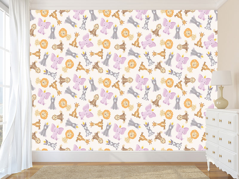 Baby Savannah Animals Self-Adhesive Wallpaper For Kids Room, Print With Lions, Elephants, Giraffes, And Monkeys