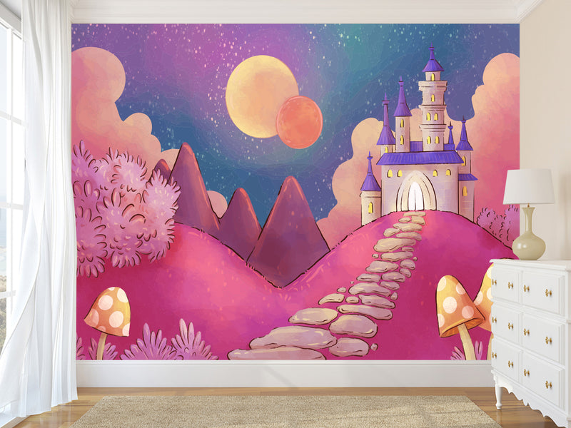 Non-Woven Wallpaper Made with Eco-Friendly Materials for Kids' Room "Castle on a Pink Hill"