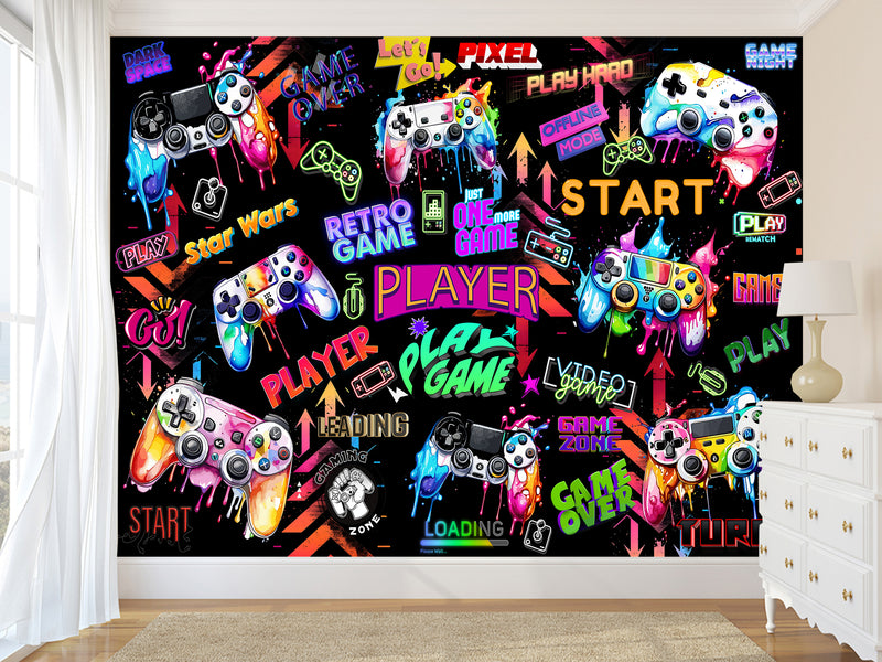 Modern Vibrant Vinyl Wallpaper Peel and Stick “Adrenaline of Victory” – Perfect for Video Game Lovers, Bedroom, Living Room, and Kids’ Room Desing