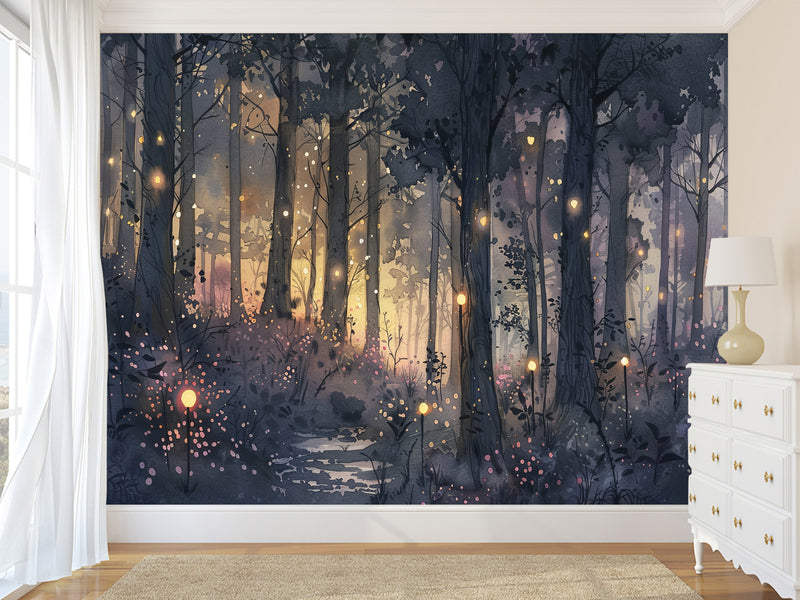 ✨Fairy Tale Print In Artistic Style Peel adn Stick Wall Mural For Kids Room, Creating A Cartoon Atmosphere "Magic Forest In Radiance"🌲