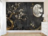 Non-Woven Mural Art Accent Wall For Bedroom, Lounge Area "Golden Plum Tree In Moonlit Night – Mural Background"