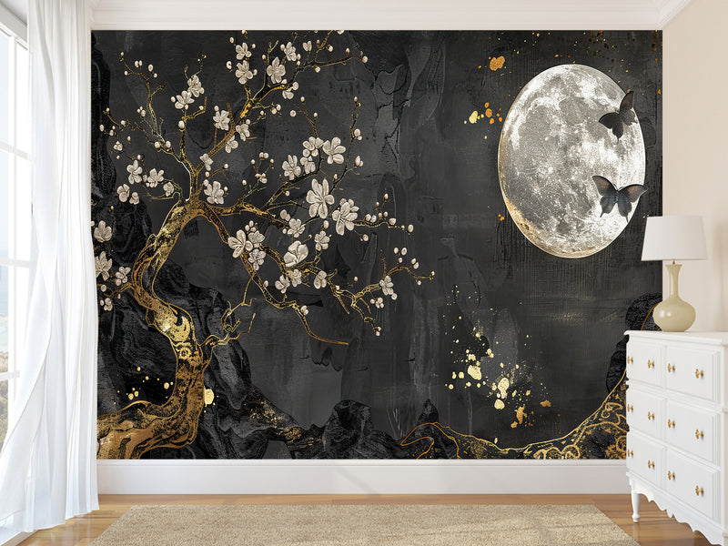 Non-Woven Mural Art Accent Wall For Bedroom, Lounge Area "Golden Plum Tree In Moonlit Night – Mural Background"
