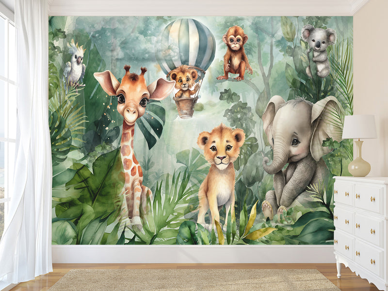 Non-Woven Traditional Wall Wallpaper for Kids' Room "Tropical Safari" – Kids's Room Decor