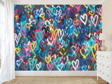 Non-Woven Wall Mural 3D Graffiti Wallpaper “Colorful Hearts” – For Accent Wall in Bedroom, Kitchen, or Living Room