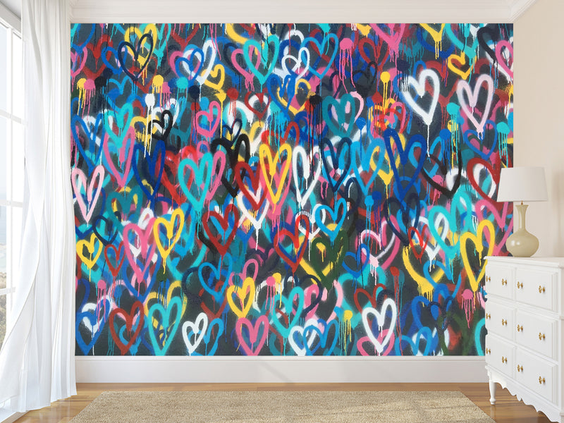 Non-Woven Wall Mural 3D Graffiti Wallpaper “Colorful Hearts” – For Accent Wall in Bedroom, Kitchen, or Living Room