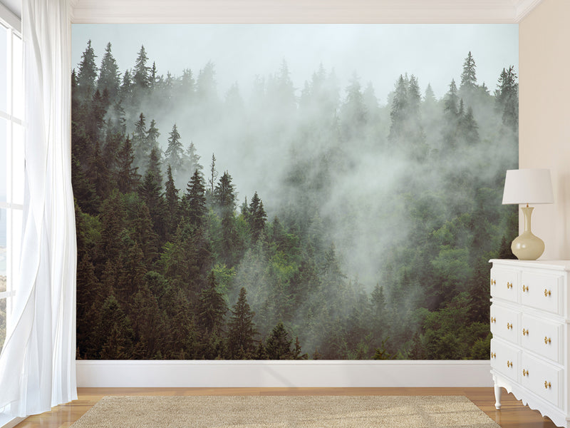 Non-Woven Nature Print Wall Mural for Office, Living Room, "Forest in Mist" Wall Art