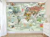 Non-Woven Mural 3D Effect Kids' World Map Wallpaper with Funny Animals – Wall Mural for Children’s Room