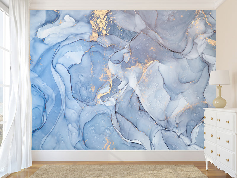 Peel and Stick Wallpaper Design For Lounge Area Or Home Office Mural “Gold And Blue Abstract Swirls”