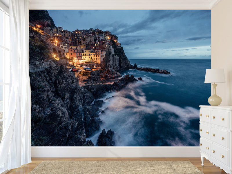 Unique Print For Home Design Self-Adhesive Wall Mural Full Wall Design For Living Room, Bedroom, Lounge Area "City On Sloping Mountains By The Sea"