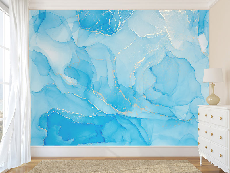 Vinyl Wallpaper Peel and Stick Abstract Wallpaper for Apartment Design Full-Wall Mural for Living Room and Hall "Intertwining of Blue and Gold" ✨