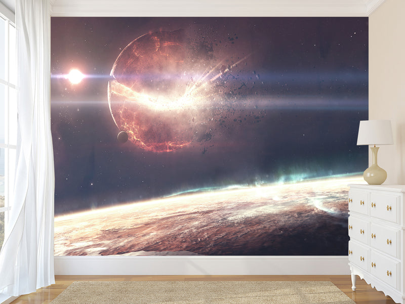 Peel and Stick Full Wall Mural Print Planet Breaking Into Fragments for Living Room or Bedroom
