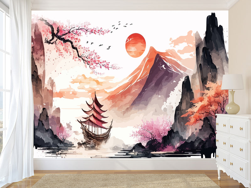 Non-Woven Wall Mural Art Print "Chinese Painting Style", Photo Wallpaper for Decorating Bedroom, Living Room 🖌️🌸