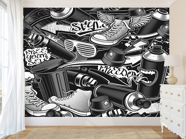 Comic Style Print High-Quality Vinyl Wallpaper Peel and Stick For Wall For Teen Room Studio "Black And White Graffiti"