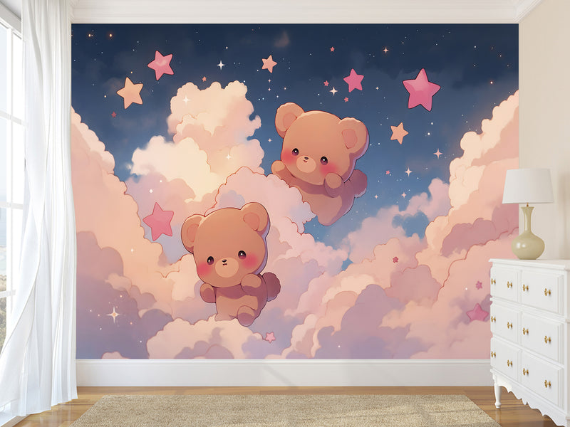 Cartoon Background Peel and Stick Mural For Kids Room Or Nursery "Cute Teddy Bears Among Stars On Clouds"