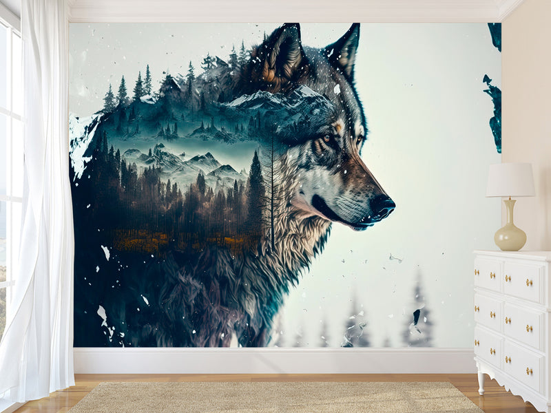 Peel and Stick Double Exposure Wolf and Forest – Wall Decor for Bedroom, Living Room, or Office