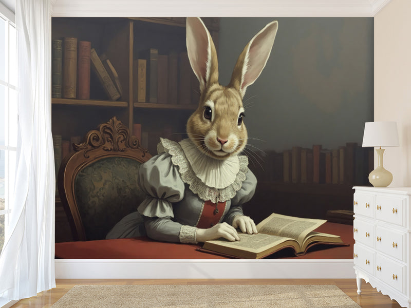 Wall mural Peel and Stick vinyl “Rabbit with a book”, vintage home decor