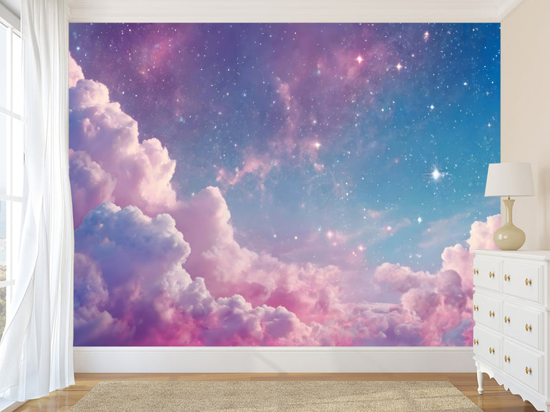 Fairy Tale Self-Adhesive Wallpaper For Kids, Artistic Style Wall Mural Design "Purple Pink Starry Sky" ✨