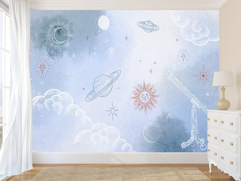 Self-Adhesive Wallpaper Made from Eco-Friendly Materials for Bedroom, Living Room, and Kids' Room “Planets, Moon, and Sun in the Clouds”