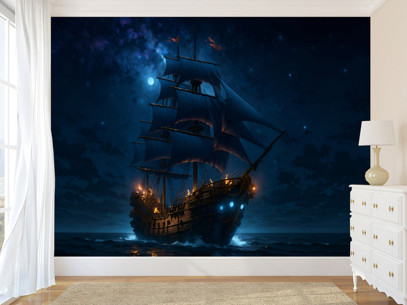 Sea Print Peel and Stick Wall Mural for Office, Living Room, Hall "Ship in the Moonlit Night" 🌙
