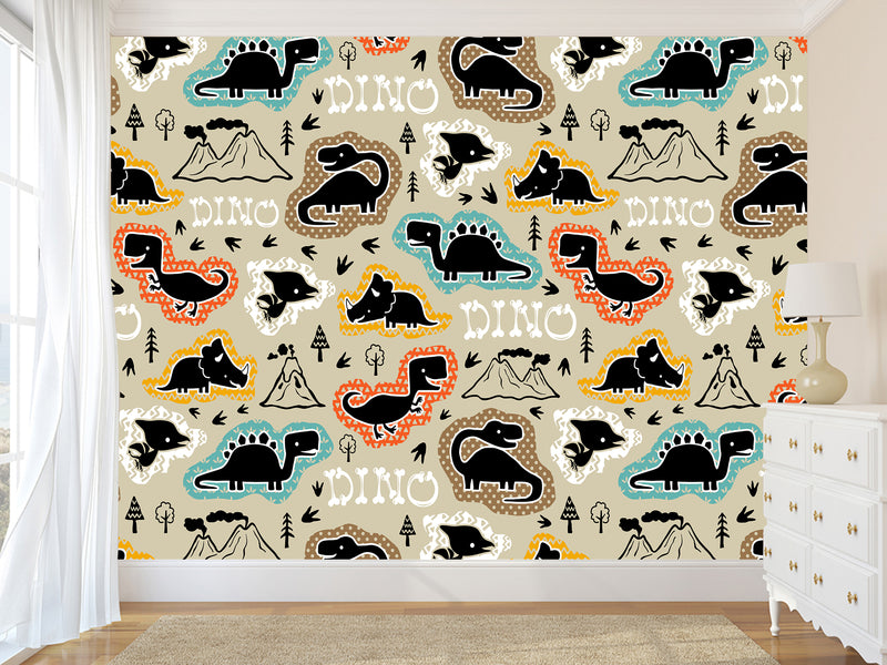 Dino Print Vinyl Peel and Stick Mural For Teen Room, Statement Wall In Office Or Workout Zone "Various Dinosaurs"
