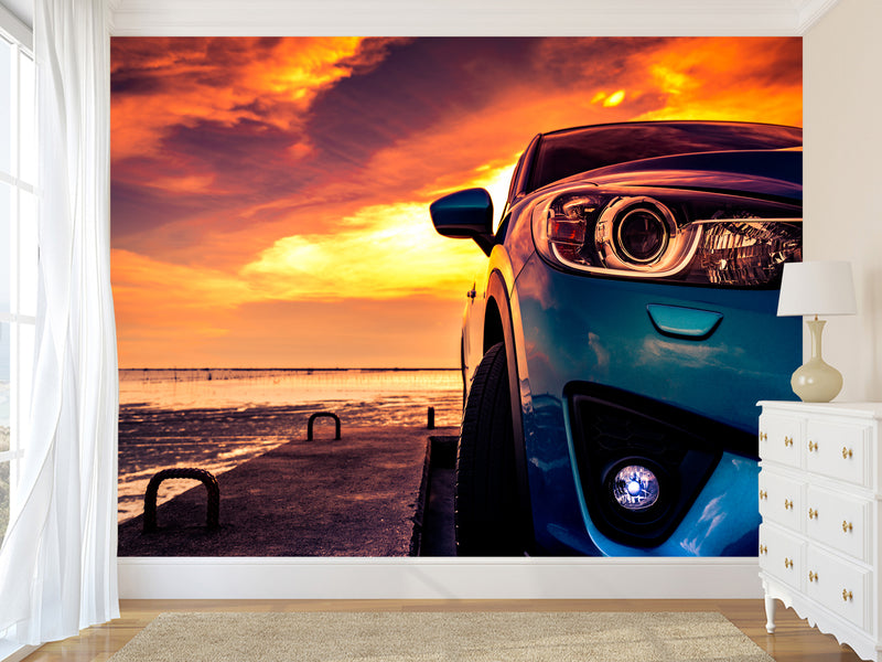 Non-Woven Photo Wallpaper Design For Gym, Living Room, Lounge Area "SUV On The Pier Lit By Sunset"