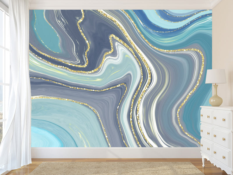 Abstract self-adhesive wallpapers for creating an art space, for office, living room "Gold and Blue Flow"