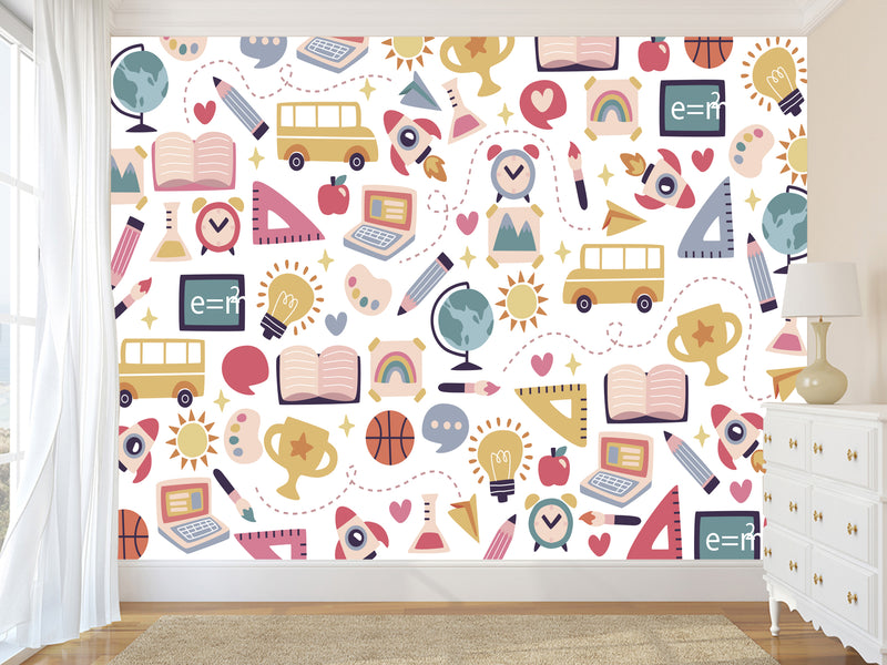 Peel & Stick Mural Full Wall Print For Kids Room "School-Themed Collage" Design for Kids' Study Area
