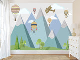Peel & Stick Mural Full Wall Print For Kids Room Hot Air Balloon Race Over Mountains
