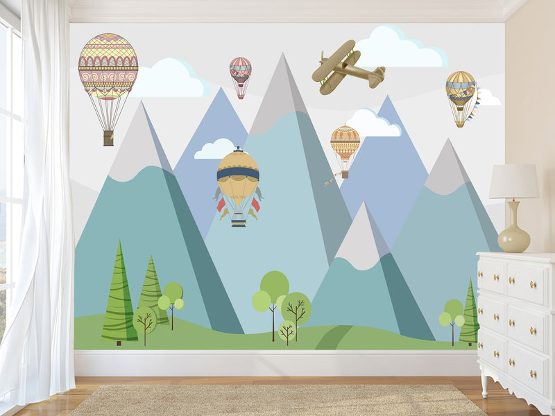Peel & Stick Mural Full Wall Print For Kids Room Hot Air Balloon Race Over Mountains