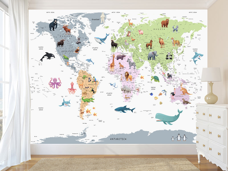 Self-Adhesive Full Wall Kids' World Map Wallpaper – Soft Colors for Kids' Room & Playroom