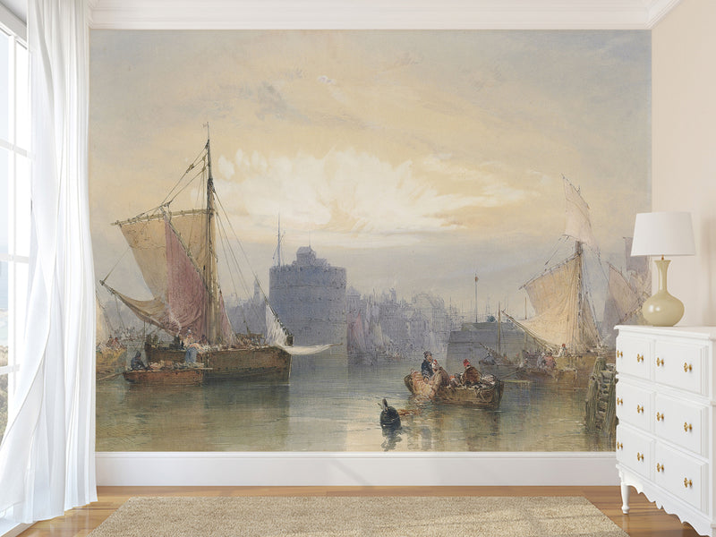 Self-Adhesive Wall Mural Full Wall Accent Wallpaper for Living Room or Bedroom Design "Fishing Boats Waiting for the Tide, Port of Havre"