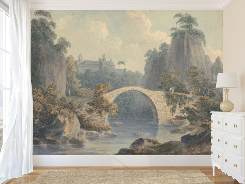Self-Adhesive Wallpaper John Warwick Smith - River Landscape with a Single Arched Bridge