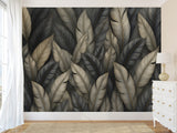 Natural Print Vinyl Wallpaper Peel and Stick For Living Room, Bedroom "Dark Chic: Abstract Leaves"