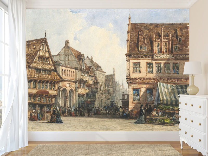 Traditional Full Wall Wallpaper – “William Wyld: A Street in Hanover” Living Room or Bedroom Print