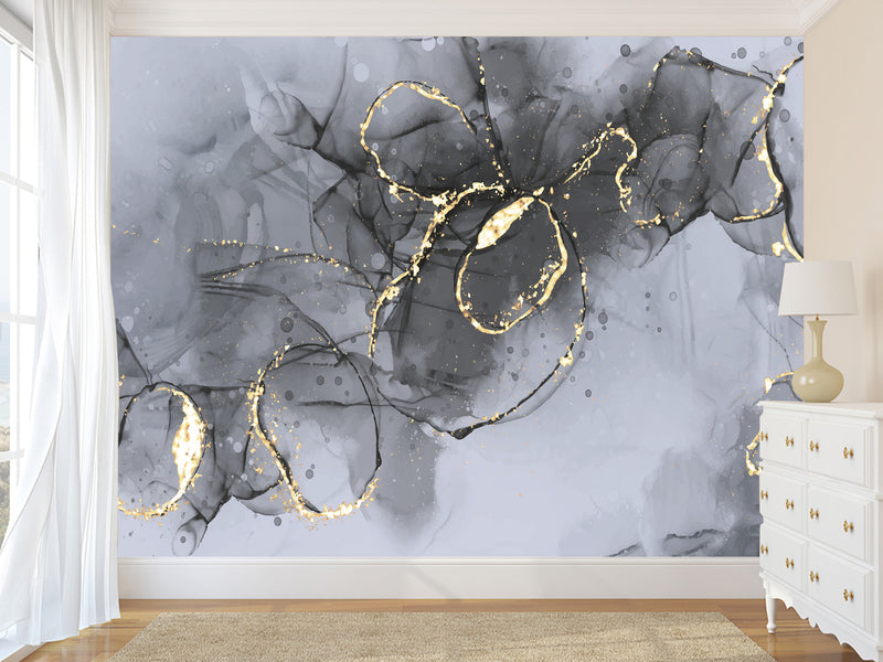 Abstract Style Full Wall Traditional Mural "Grey and Gold Blizzard" For Living Room, Relax Zone, Bedroom