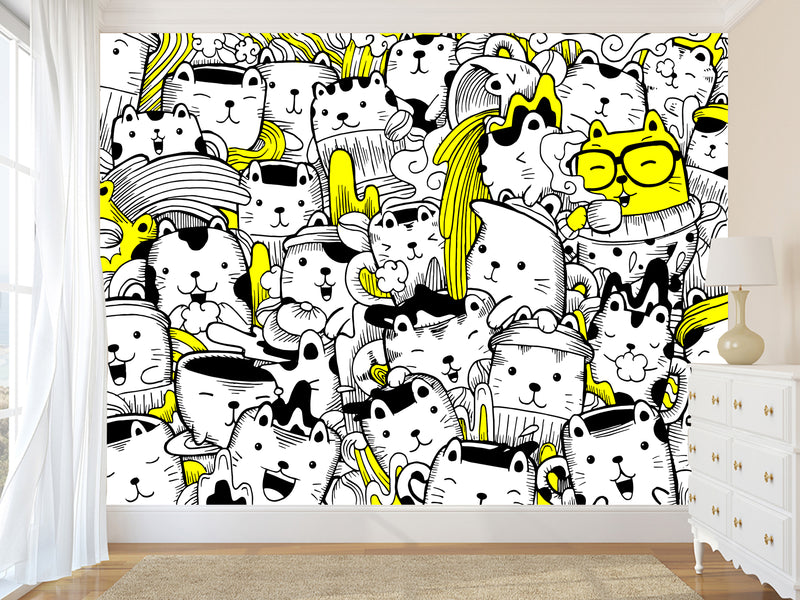 Peel & Stick Wall Mural for Office or Bedroom, Kids Room  – 'Busy Cats' Unique Wall Print