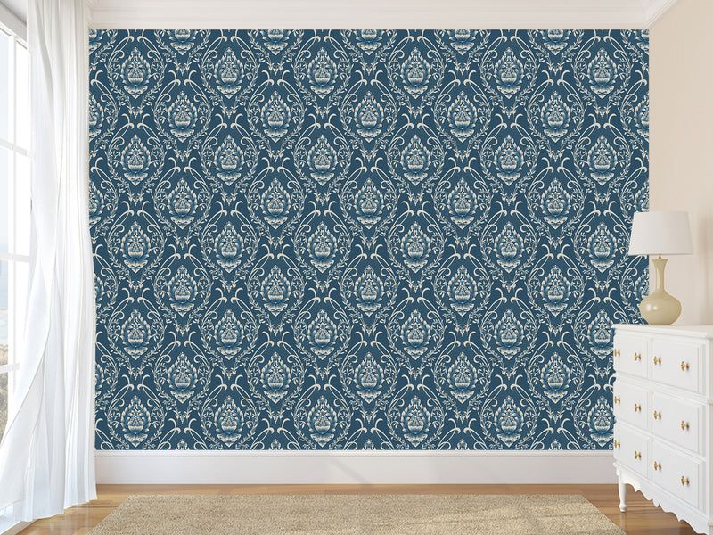 Vintage Non-Woven Photo Wallpaper Accent Wall Mural "Vintage Lotus Ornament on Dark Blue Background"