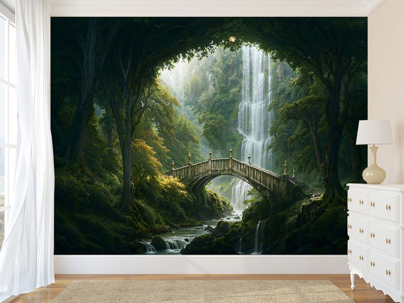 Kids’ wallpaper, creative design Peel and Stick mural for children’s room, art print "Elven Forest with Bridge" 🌿🧚