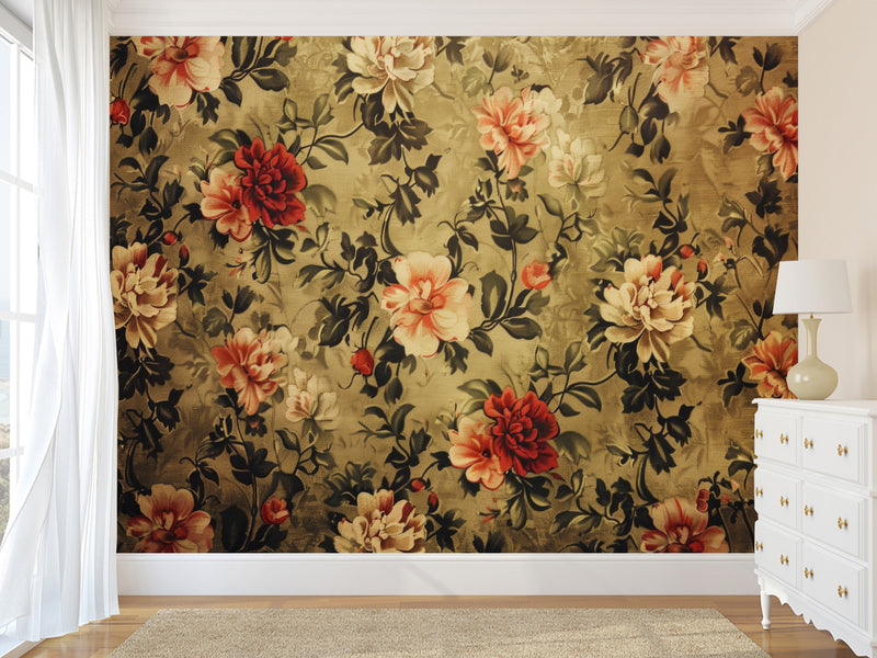 Floral Print Self-Adhesive Mural for Bedroom Decor, Living Room, or Kitchen – "Vintage Style Flower Composition