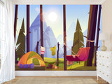 Non-Wowen Wallpaper Wallpaper For Toddlers – Camping In The Forest Cartoon-Style Kids Room Decor