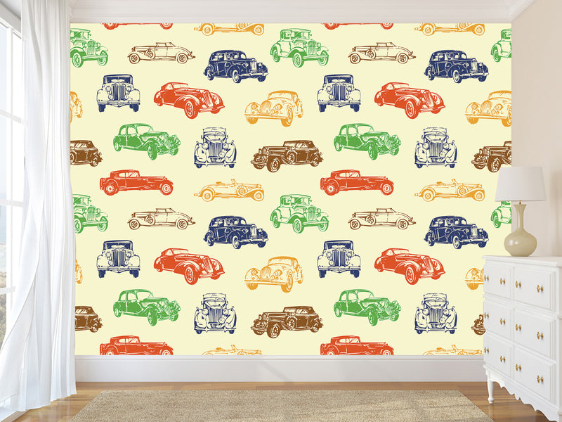 Self-Adhesive Full Wall Wallpaper – Colorful Retro Cars Print for Bedroom or Office